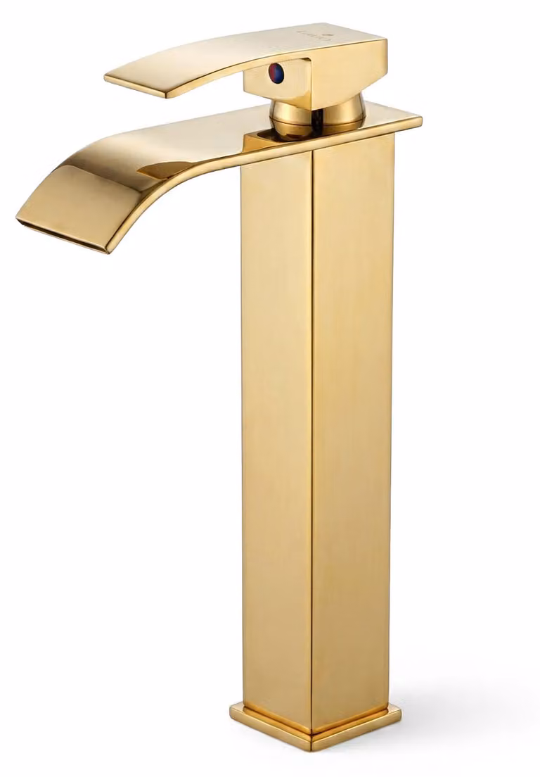Rubinetto lavabo alto a cascata oro da appoggio miscelatore bagno EVIO