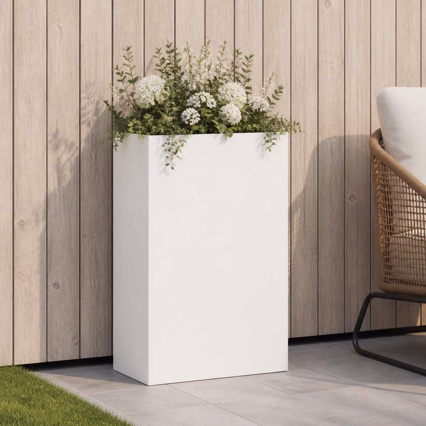 vidaXL Vaso da giardino in metallo Bianco L: 40 cm, P: 20 cm, H: 75 cm