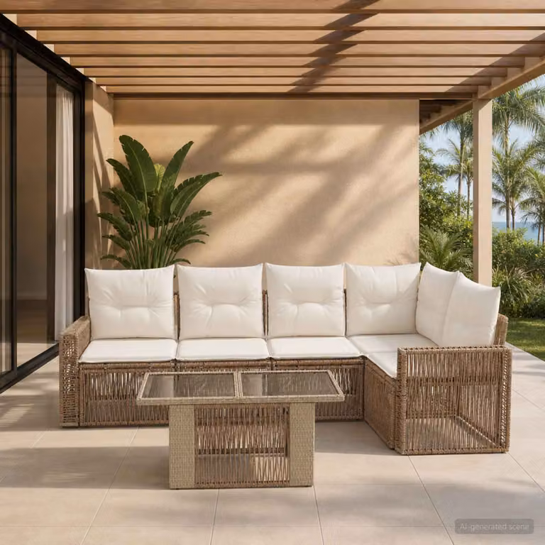 Set Divano da Giardino vidaXL 6 pz in Polyrattan con Tavolino e Cuscini Beige e Bianco