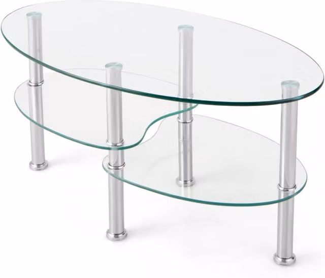 Tavolino ovale 89 x 49,5 x 45 cm con 3 ripiani portaoggetti stile moderno in vetro temperato trasparente 20_0021092