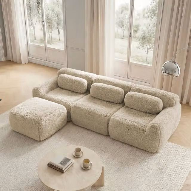 Divano angolare modulare senza struttura con pouf collegabile per soggiorno in peluche kaki chiaro 291 × 179 × 73 cm