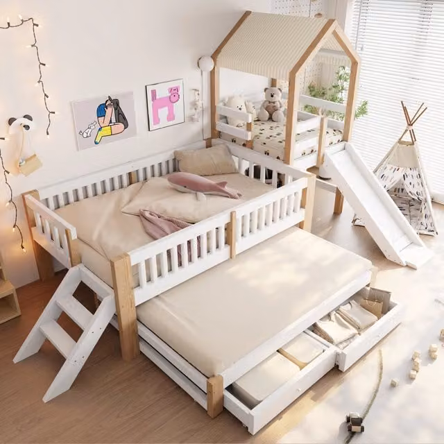 Letto a castello per bambini con letto estraibile ¨C Minimal ¨C Bianco legno massello 90x200 con cassetti
