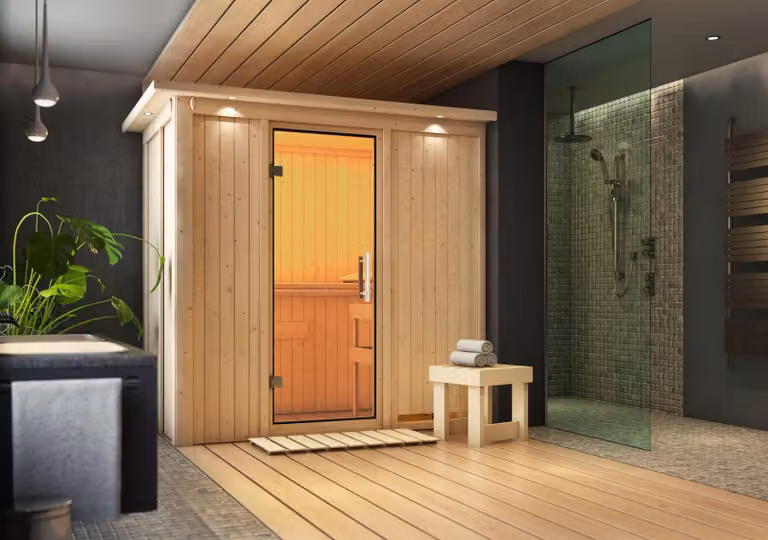 Sauna Variado: con cornice luminosa sul soffitto: 9 kW, stufa a biomassa + centralina Easy Stufa: 9 kW, stufa a biomassa + centralina Easy Porta della sauna: porta in vetro trasparente. Cornice luminosa sul soffitto: con cornice luminosa sul soffitto