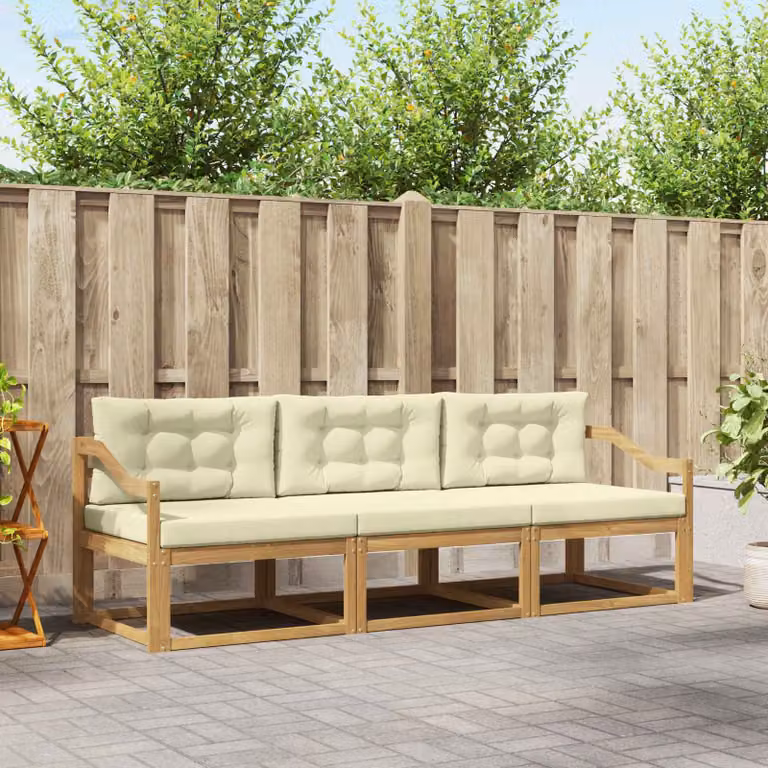 Set di divani da esterno vidaXL 3 pz in legno di acacia e poliestere, Bianco e Crema