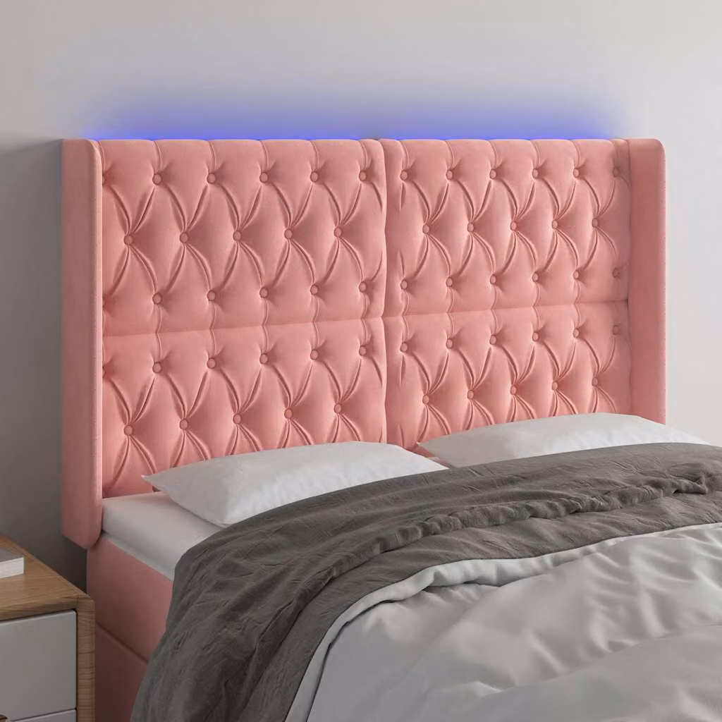 Testiera per letto vidaXL in velluto rosa con illuminazione LED e porta di ricarica USB, L: 147 cm, P: 16 cm, H: 118-128 cm – 1