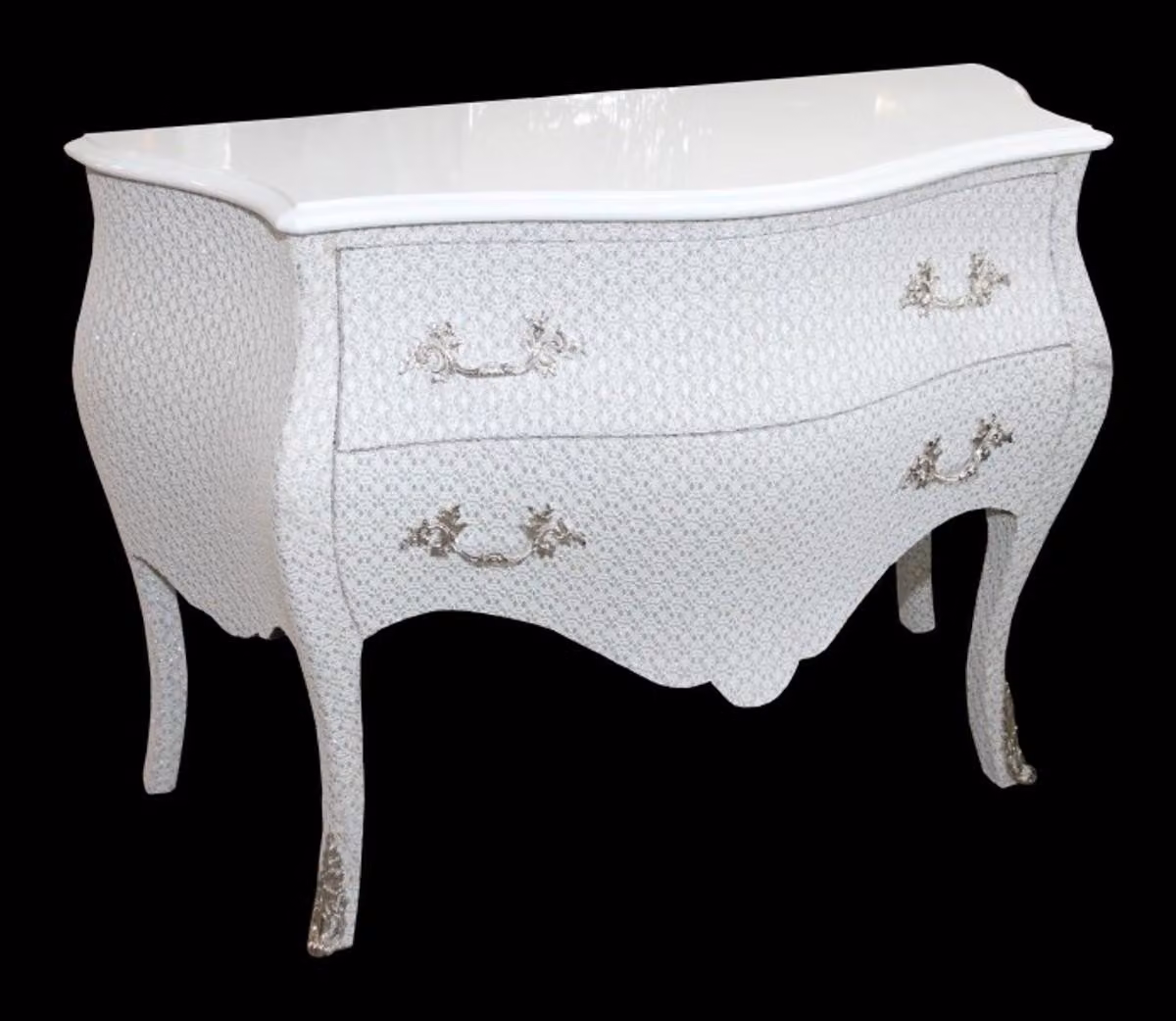 Comò Casa Padrino in stile barocco, bianco con effetto glitter, dimensioni 120 x 52 x 85 cm - Mobile contenitore realizzato a mano