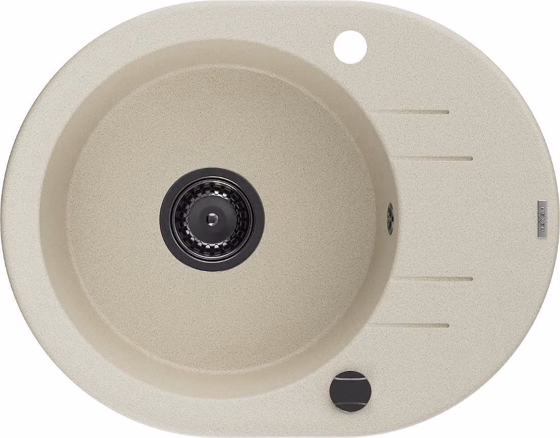 Mexen Kevin lavello in granito a 1 vasca con gocciolatoio 586 x 458 mm, beige, sifone nero - 6517581005-69-B