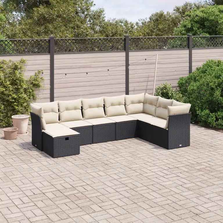 Set di Divani da Giardino vidaXL a Forma di L con Cuscini, 8 Pezzi, Nero e Bianco in Polyrattan e Acciaio Verniciato a Polvere