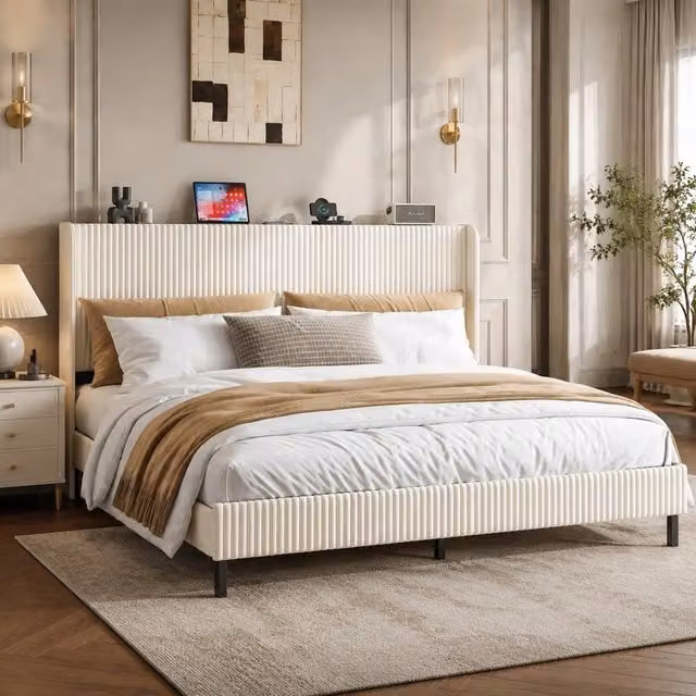 Letto matrimoniale 180x200 cm imbottito in velluto a coste beige e crema con rete in metallo