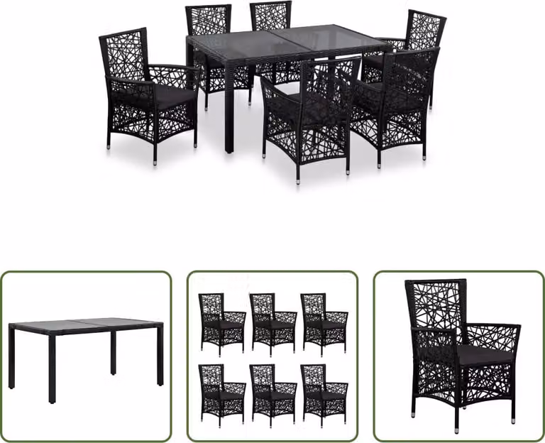 The Living Store Set da pranzo da giardino 7 pezzi in poly rattan nero