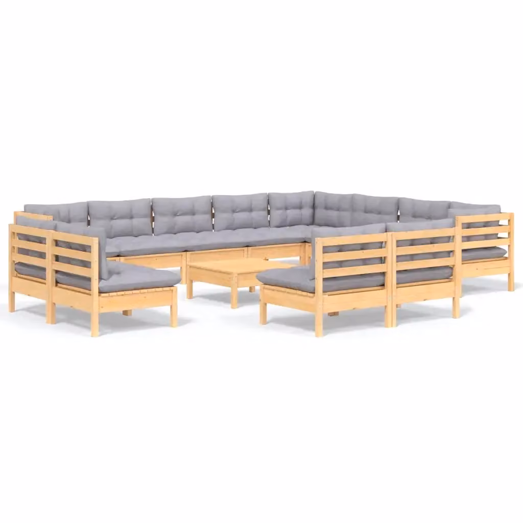 Set di Divani da Giardino vidaXL in Legno di Pino Massello con Cuscini Grigi, Composizione a U con Elementi Angolari e Ottoman, 13 Pezzi – 2