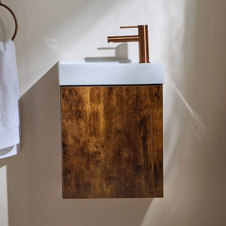 Mobile Bagno Rovere Scuro Sospeso da 400mm con Lavabo e Maniglia con Barra a T in Rame Satinato - Cluo