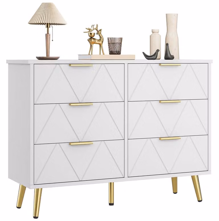 Comodino con 6 cassetti, bianco, dimensioni 104x34x75 cm, realizzato in legno e pannello truciolare