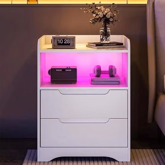 Comodino con prese e illuminazione LED (2 prese AC e 2 porte USB) - comodino con 2 cassettoni e 1 cassetto aperto - tavolino da notte - tavolino da appendere - tavolino per soggiorno - camera da letto - bianco