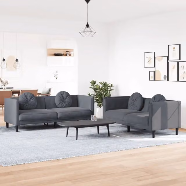 Set di 2 divani moderni vidaXL in velluto grigio con cuscini inclusi L/P/H: 193.5 x 77.0 x 70.0 cm