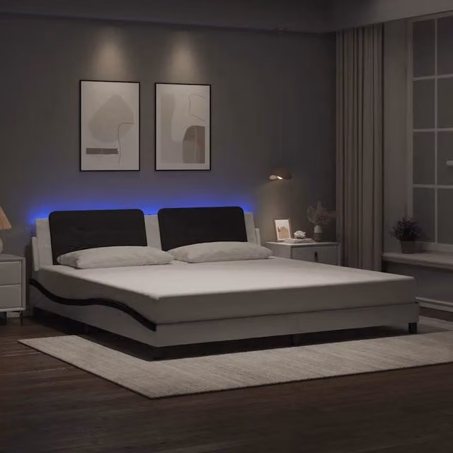 Letto con base a doghe e illuminazione LED vidaXL, Bianco e Nero, L: 200 cm, P: 200 cm, H: 205 cm – 1