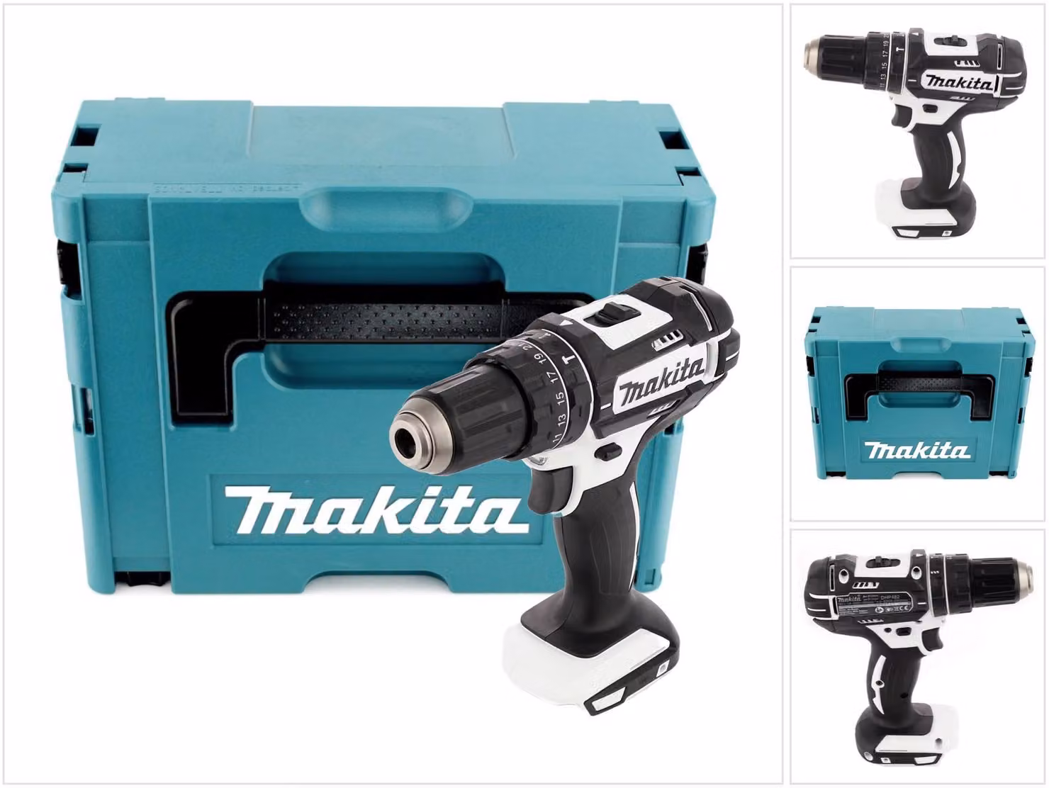 Makita DHP 482 W ZJ - 18 V Trapano avvitatore a percussione a batteria bianco in valigetta Makpac - senza batteria, senza caricatore