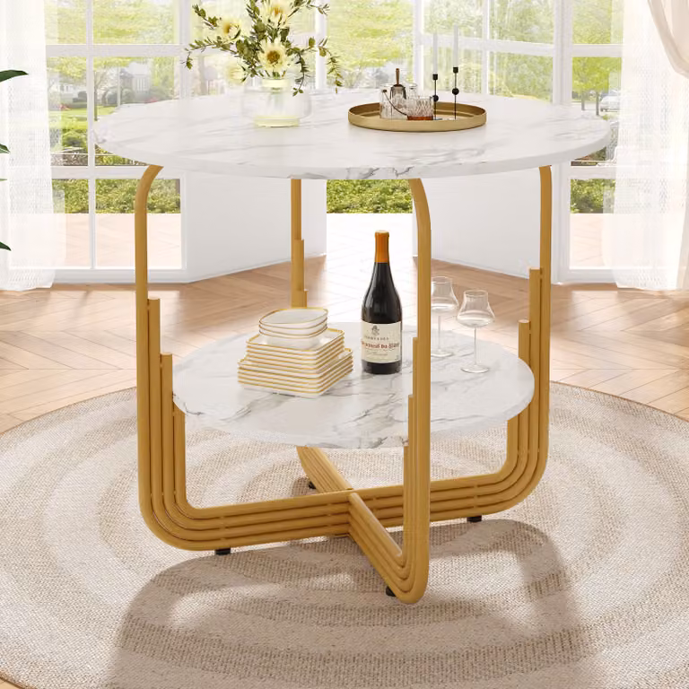 Tavolo rotondo Flieks con piano centrale portaoggetti, tavolo da pranzo 80x80x76 cm, tavolo da cucina con piano marmorizzato e gambe in metallo dorato