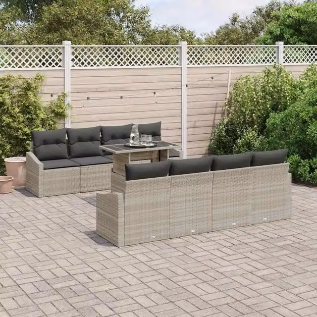 Set Divano da Giardino Moderno vidaXL in Polyrattan a Forma a U con 9 Pezzi, Colore Grigio, con Tavolino e Cuscini Inclusi