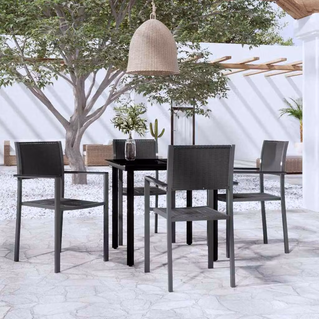 Set da pranzo da giardino moderno vidaXL in acciaio nero opaco con tavolo in vetro, 5 pezzi