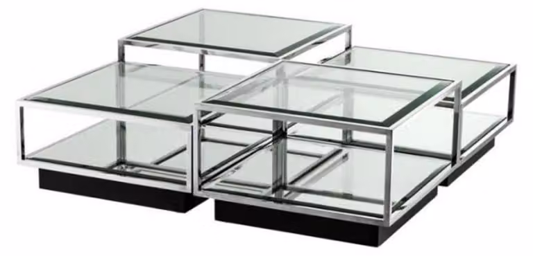 Tavolino da salotto in stile Art Deco "Casa Padrino", set da 4, realizzato in acciaio inossidabile lucido e vetro specchiato nero, dimensioni 65 x 65 x 40 cm