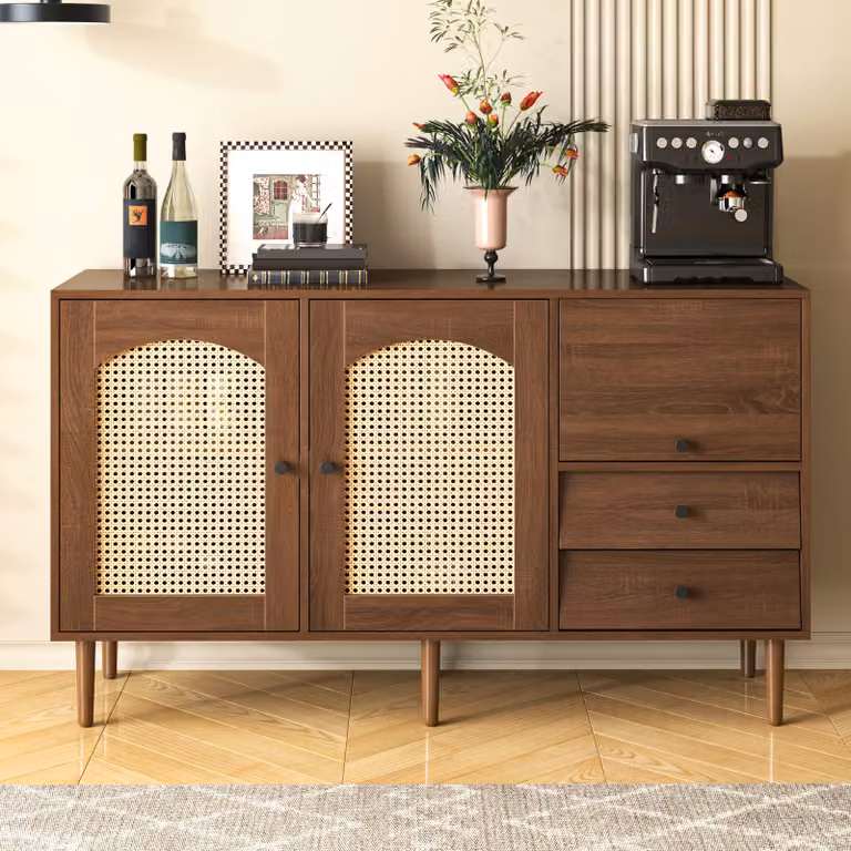Cassettiera in rattan MODFU con 3 ante e 2 cassetti irregolari, 130*75,5*40 cm, colore legno