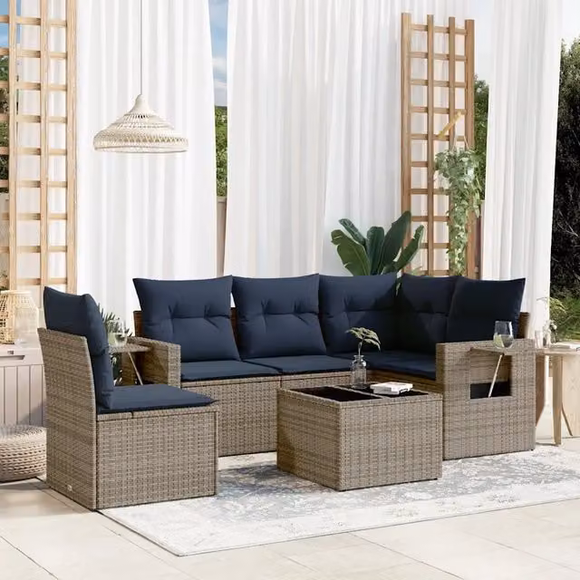 Set da giardino componibile vidaXL in rattan e metallo con 6 pezzi, divani a L, tavolino e cuscini grigi e blu