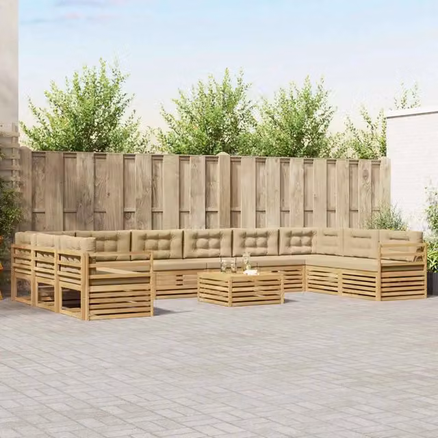 Set divani da giardino a L con tavolo da caffè vidaXL in legno di acacia marrone e beige, 11 pezzi