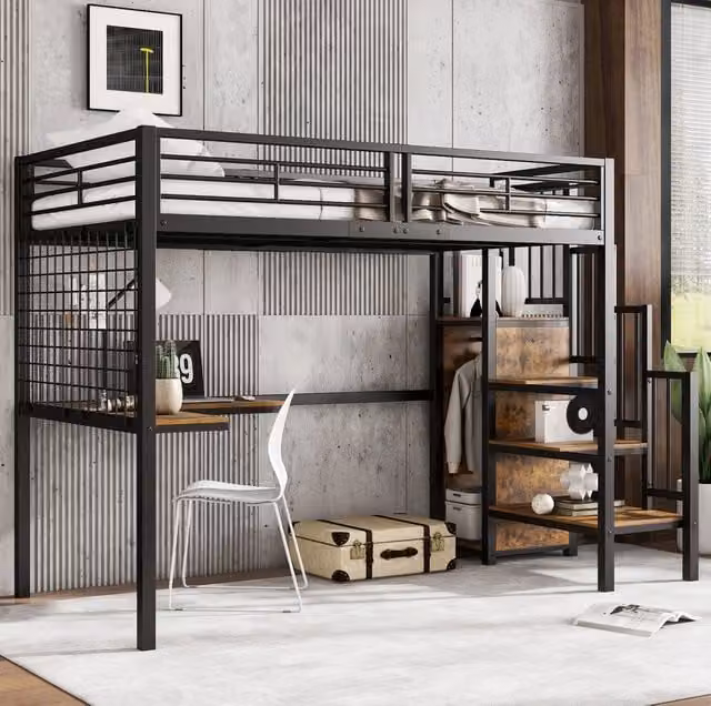 Letto a soppalco ULEVR 90x200 cm con scrivania e armadio integrati, scala laterale, nero e noce scuro