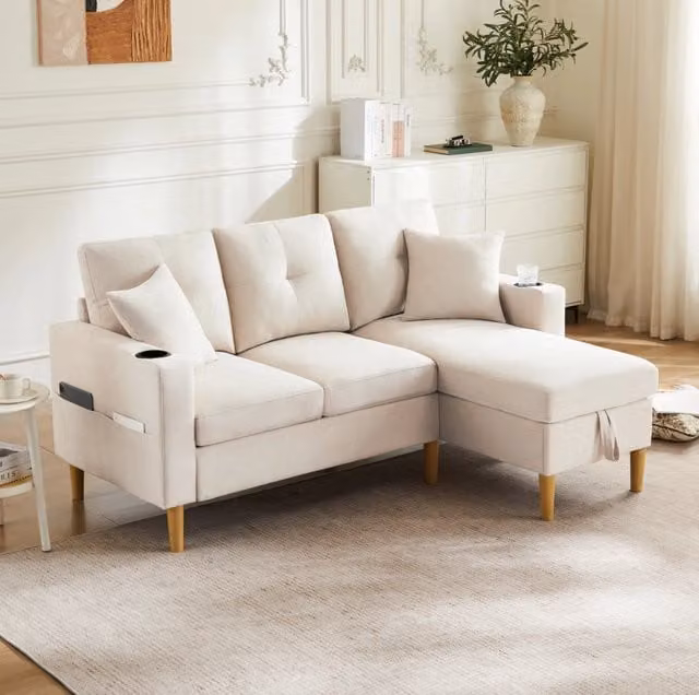 Divano L175x129x90 cm in poliestere beige con porta bicchieri, per piccoli spazi –