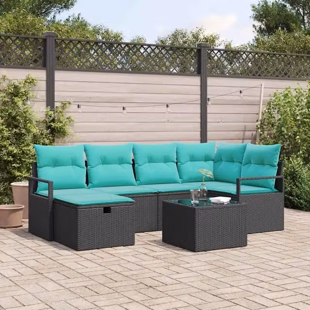 Set di divani 7 pz 6-Numero di posti Nero e Turchese polyrattan 3359195