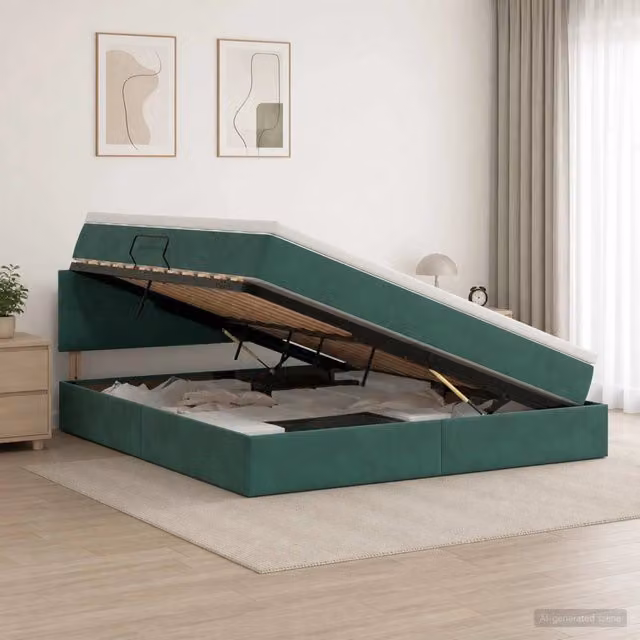 Letto con contenitore e illuminazione LED vidaXL in velluto verde con materasso, L/P/H: 160 x 200 x 204 cm – 1
