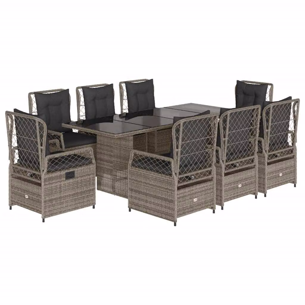 Set da Pranzo da Giardino 9 pz con Cuscini in Polyrattan Grigio
