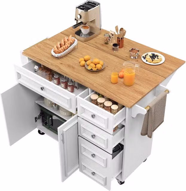 Isola cucina bianca 110 x 45-75 x 92 cm in MDF e metallo con piano pieghevole e cassetti