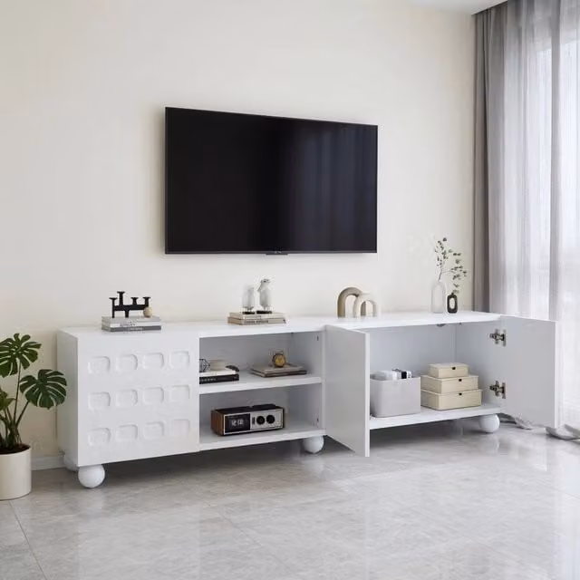 Cassettiera TV KOMHTOM bianca in stile minimalista per soggiorno, L: 200 cm, P: 40 cm, H: 44 cm