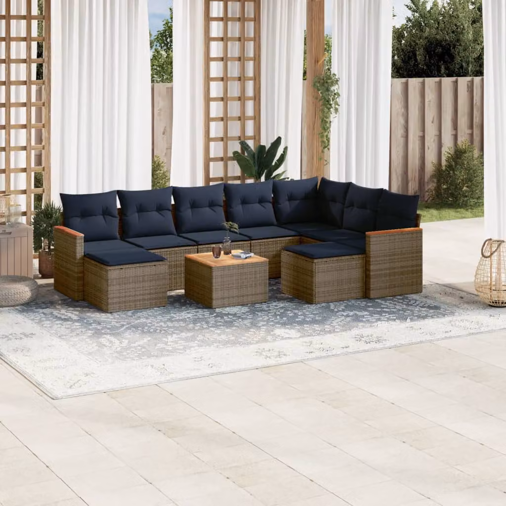 Set di divani da giardino vidaXL in polyrattan grigio con cuscini, tavolino e pouf per esterno