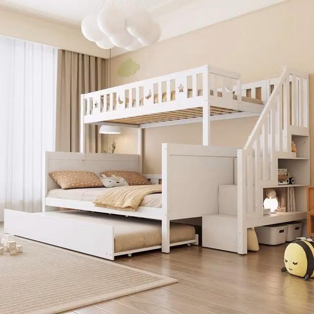 Letto a castello 90x200 cm con scala contenitore e letto estraibile in legno bianco