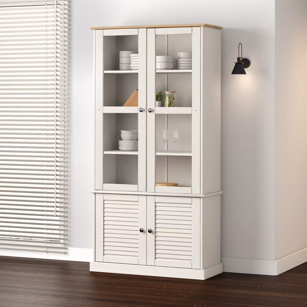 Vetrina VIGO vidaXL in legno massello di pino bianco con ante in vetro e ripiani interni, L 85 cm x P 35 cm x H 170 cm