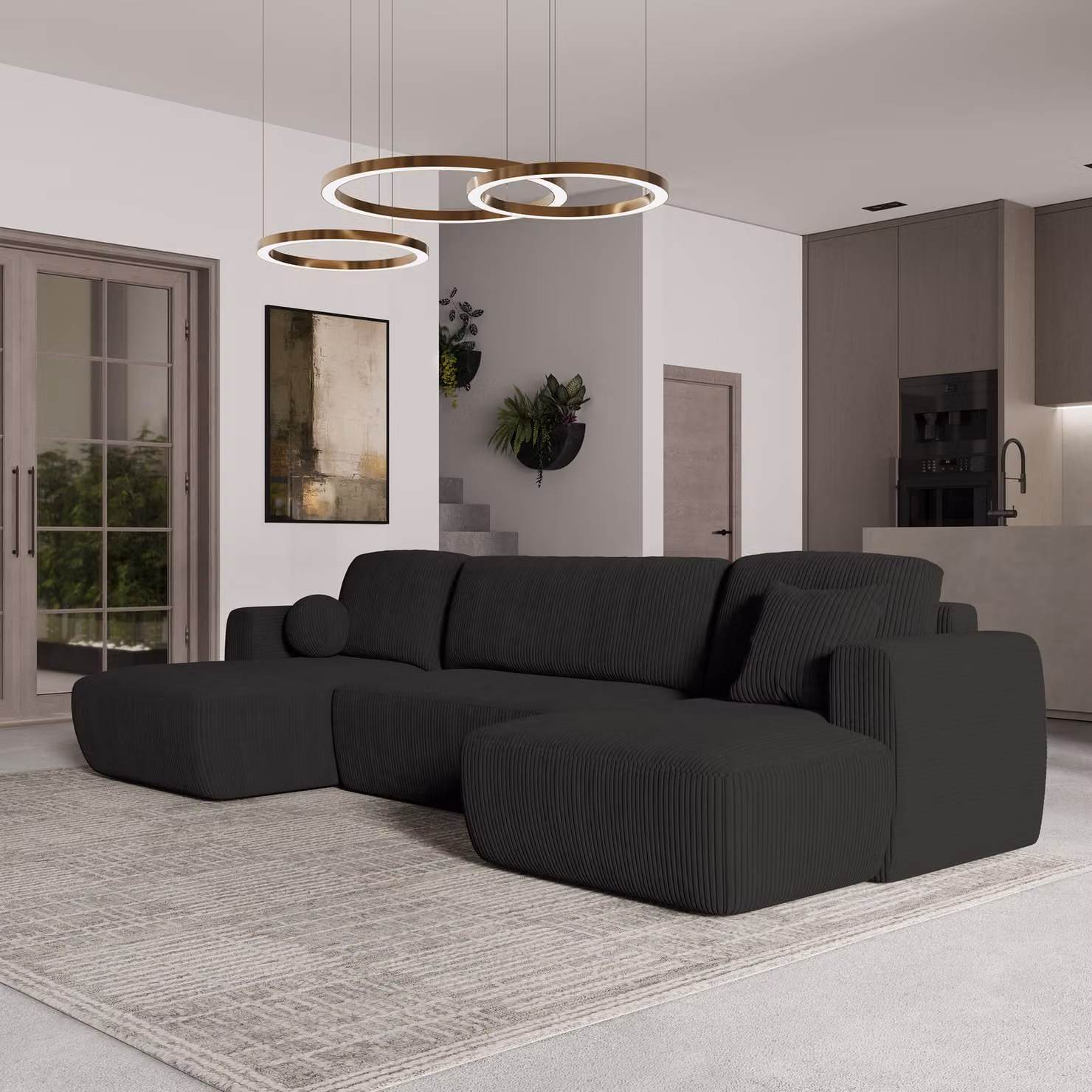 Divano angolare SENTUM P di Masseno con funzione letto a U, divano con box letto, divano da salotto, divano, divano, divano letto, set di divani - nero, POSO 135