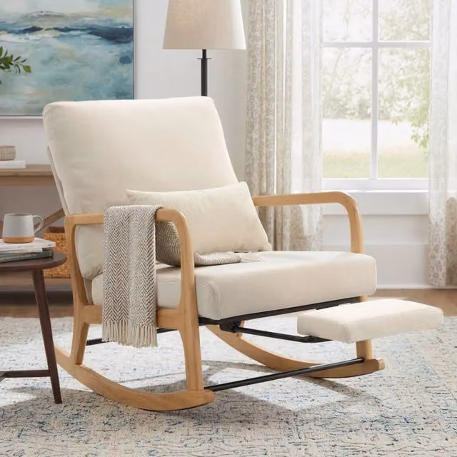 Poltrona a Dondolo con Poggiapiedi e Schienale Regolabile ¨C Minimal ¨C Pelle Scamosciata, Legno, Crema