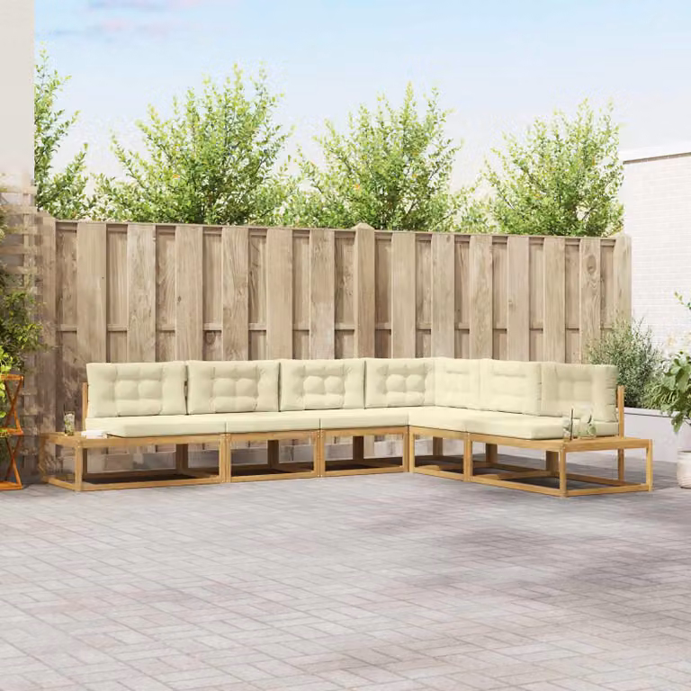 Set di divani da esterno vidaXL a forma di L composto da 6 pezzi in legno di acacia con cuscini bianchi e beige