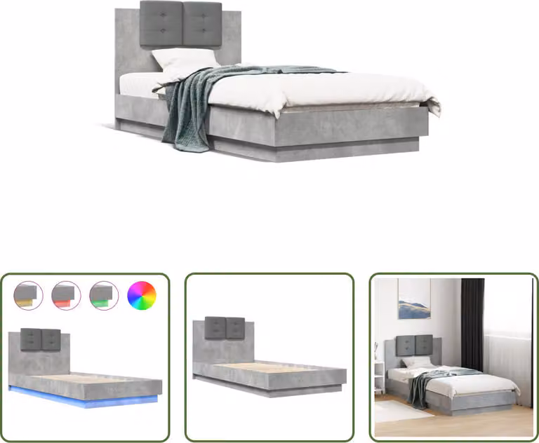 The Living Store Struttura letto con testiera e luci LED grigio cemento 75x190 cm