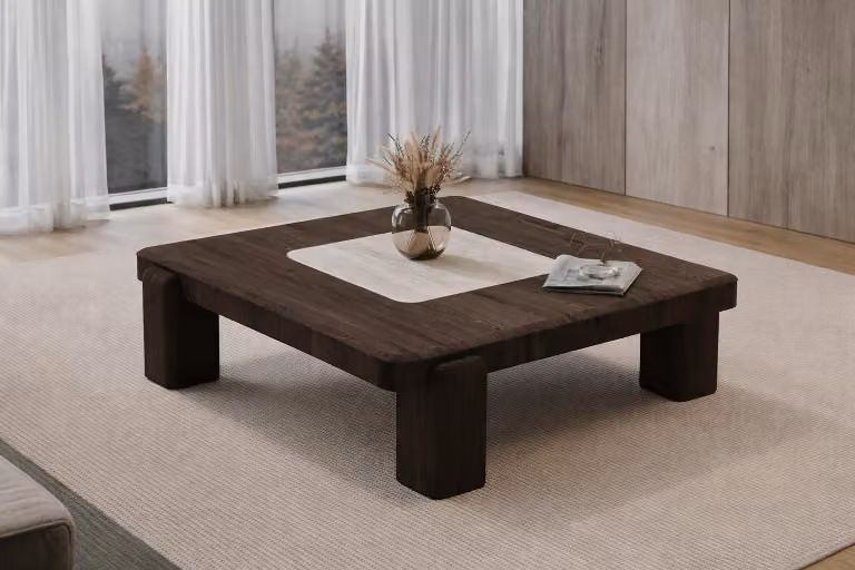 Tavolino da soggiorno di alta qualità, design elegante, color marrone. Mobile in legno
