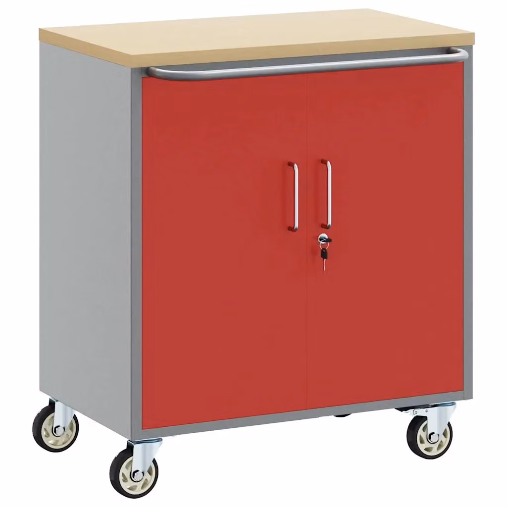 Carrello da lavoro con rulli vidaXL in acciaio e legno, Rosso e Grigio, L 75 x P 45 x H 85 cm – 2