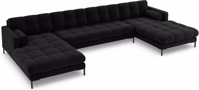 Divano panoramico Bali a 7 posti Cosmopolitan Design in velluto nero con struttura in metallo e forma a L