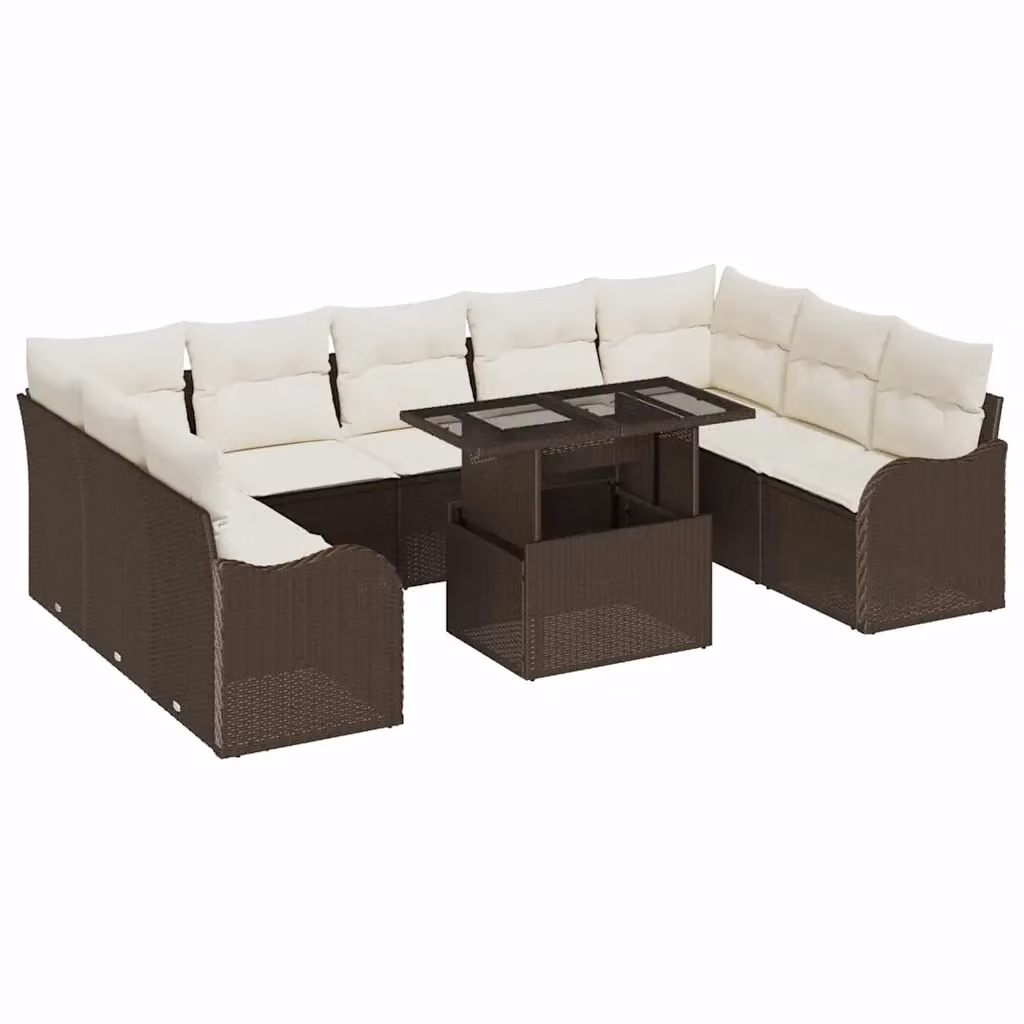 Set Divano da Giardino vidaXL 10 Pezzi Marrone e Beige con Cuscini e Tavolino in Vetro – 2