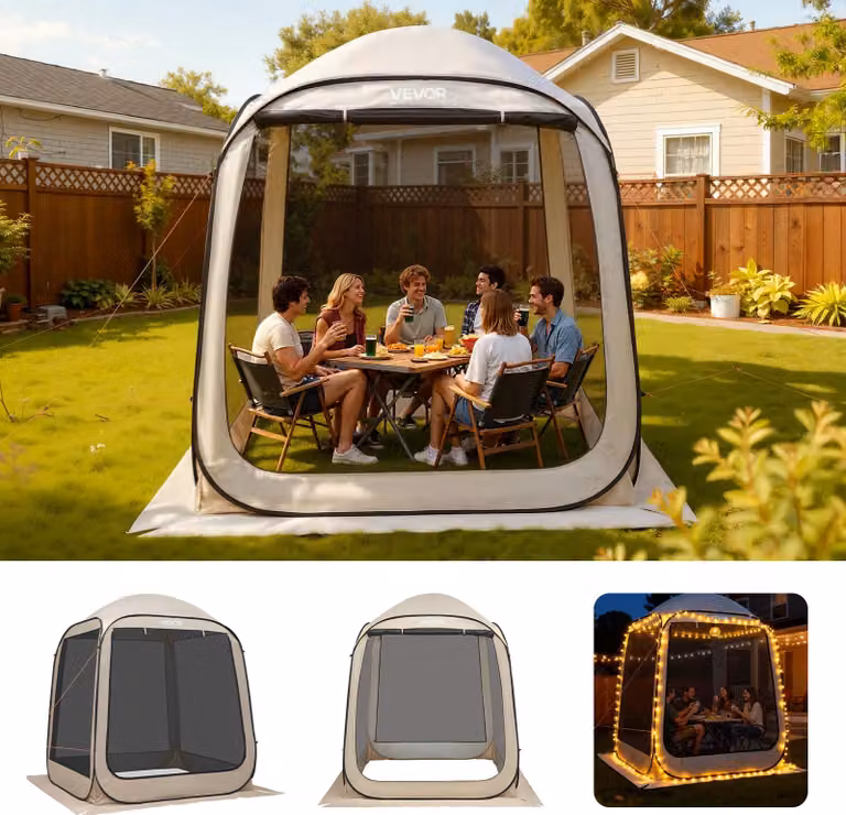 Tenda da campeggio VEVOR, 182,88x182,88x219,4 cm, tenda da festa per 4-6 persone, tenda pop-up con borsa per il trasporto, pareti laterali in rete e picchetti, per giardino, patio e attività all'aperto, beige