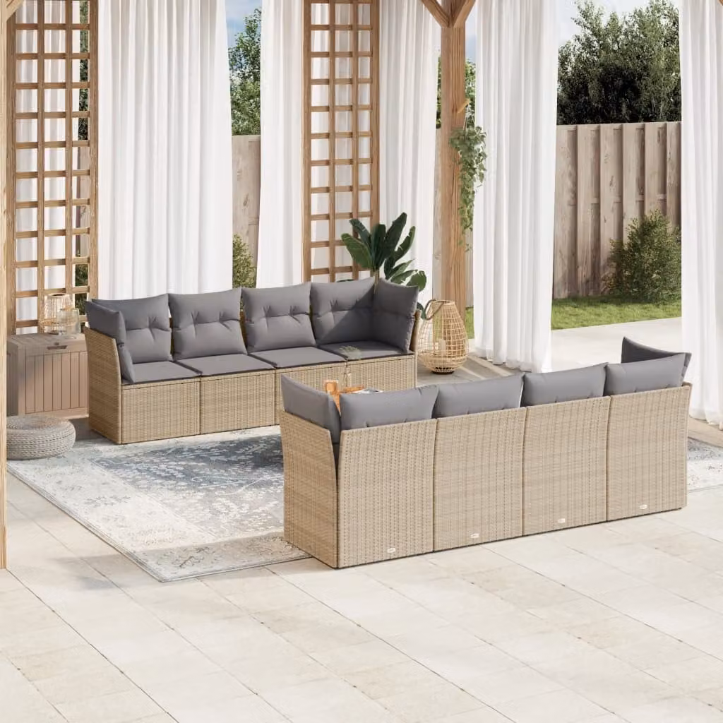 vidaXL Set Divano da Giardino a L 9 pz in Polyrattan con Cuscini Beige e Tavolino da Esterno – 1