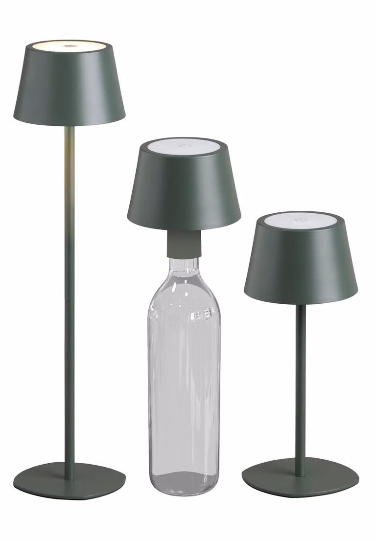 Northpoint 3in1 Lampada da tavolo a LED set di 2 lampade a bottiglia in verde oliva altezza massima 45 cm con batteria da 3000mAh 200lm luce bianca calda (3000K) dimmerabile in continuo per uso interno ed esterno