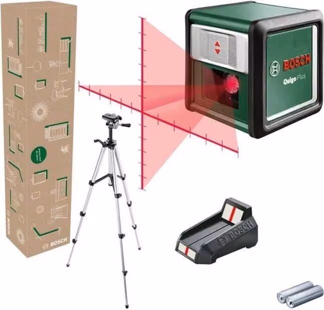 Laser a linee incrociate Bosch Quigo+, portata 7 m, con treppiede 1,1 m, batterie e valigetta incluse